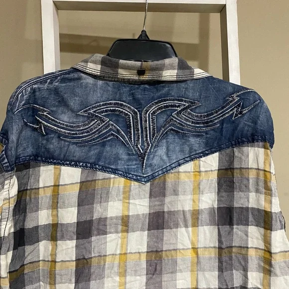 Roar Gray and Yellow Plaid Shirt with Denim Details womens size 2XL - Picture 4 of 4